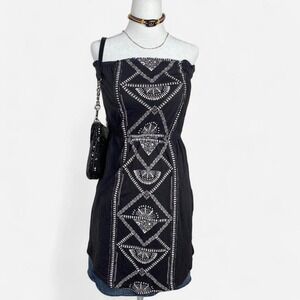 Y2K Billabong Strapless Dress Womens Medium Black‎ Boho Tribal Print Beach